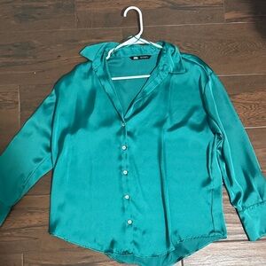 Zara Women's Turquoise Satin Button-Down Shirt